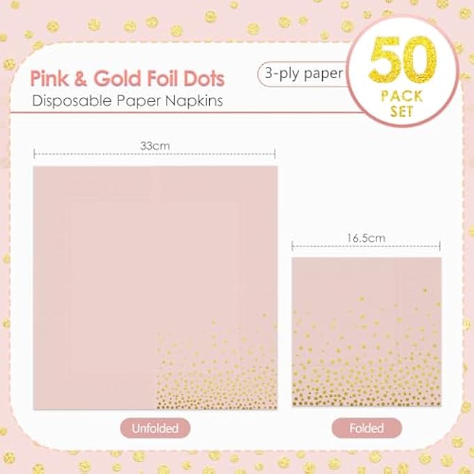 NAPKINS PINK GOLD PACK OF 50 POLKA DOTS WITH GOLD FOIL PARTY NAPKINS 3-PLY PAPER SERVING COCKTAIL NAPKINS 33 X 33 CM PAPER NAPKINS - Image 2